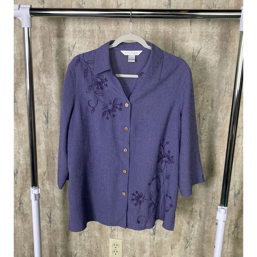 Vintage Napa Valley Shirt Large Blue Button Up Floral Embroidered Chambray 90s